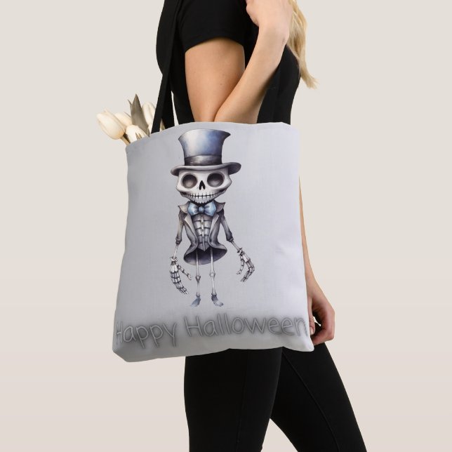 Söt skelett fluga topp hatt silver Halloween Tygkasse (Närbild)