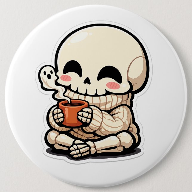 Söt skelett som dricker kaffe dekal – Kawaii Chi Knapp (Framsida)