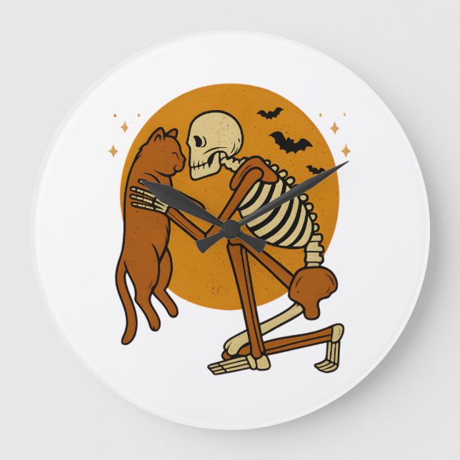 Söt skelett som kramar katt gotisk halloween-desig stor klocka (Framsida)