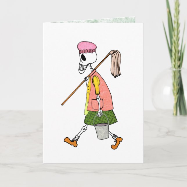 Söt skelett städar kvinna Moppe & Hink  Kort (Framsida)