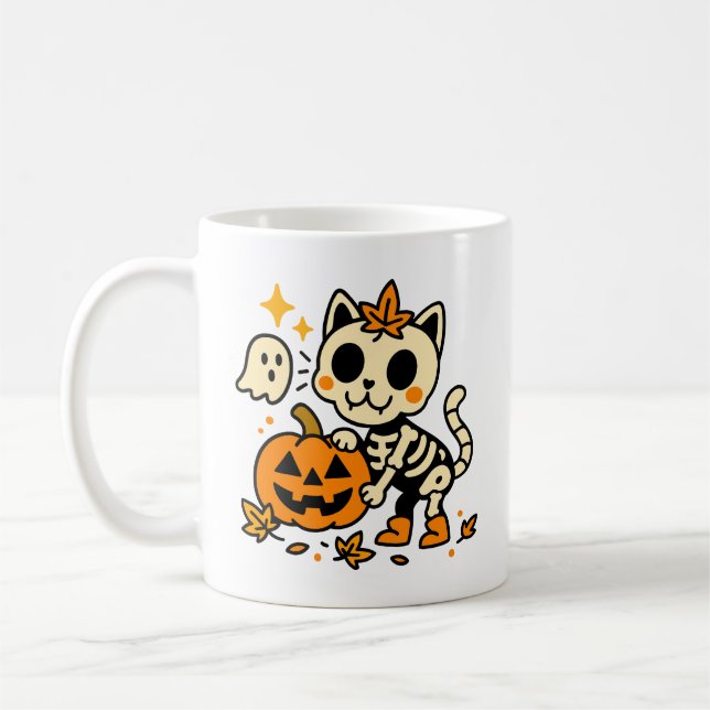 Söt skelettkatt med pumpamugg kaffemugg (Vänster)