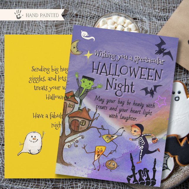 Söt Skelettpojke & Frankenstein Whimsy Halloween Julkort (Cute Skeleton Boy & Frankenstein Whimsy Halloween Holiday Card)