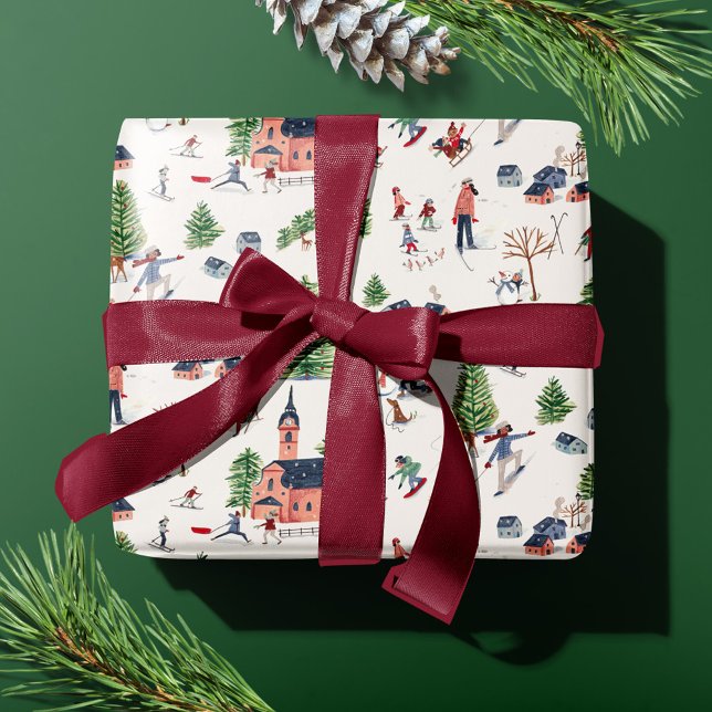 Söt Skid Pink Nordisk Jul Presentpapper (Cute Minimalistic Nordic Winter Village Christmas Wrapping Paper)