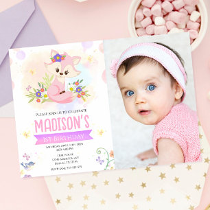 Söt Skog Floral Räv Flicka 1-års Födelsedagsfoto Inbjudningar