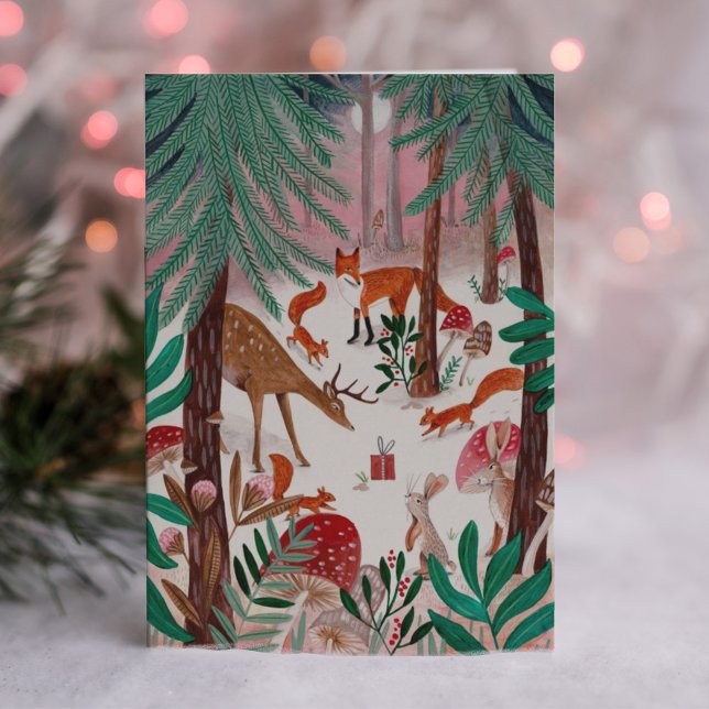 Söt skog grön & rosa skogsdjur Skog Helgkort (Skapare uppladdad)