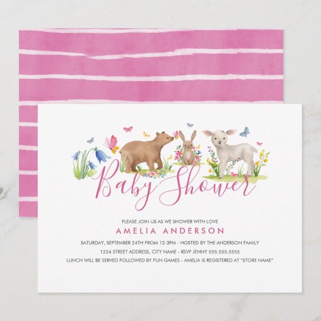Söt Skogs djur Baby Shower Inbjudningar (Fram/baksida)