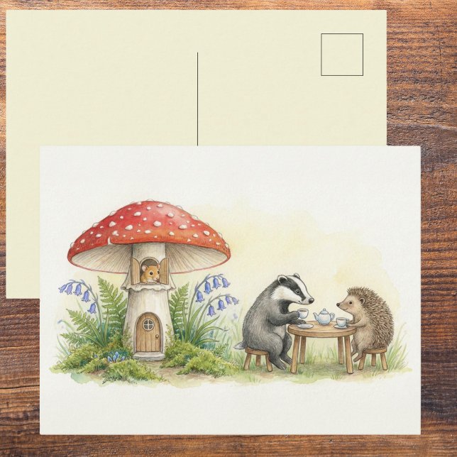 Söt skogs-teapartaj watercolor blankett vykort (Woodland Tea Party, British Forest Animals Mouse, Badger, Hedgehog Fairycore Mushroom Postcard)
