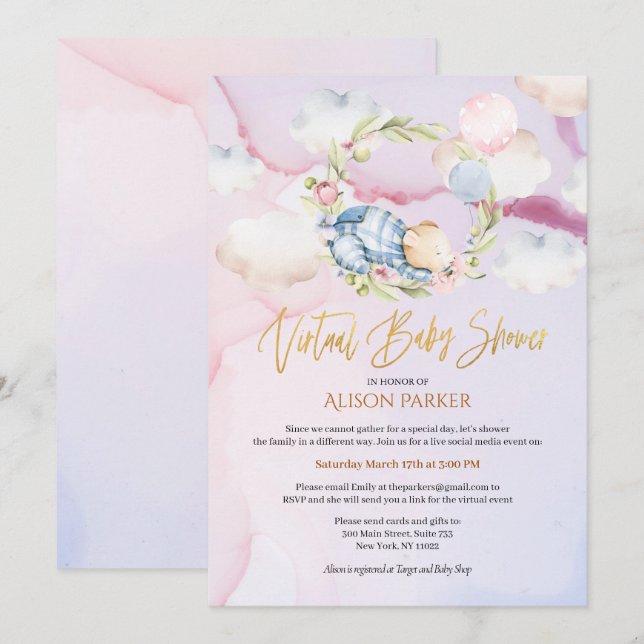 Söt skogsbjörn Cloud Dream | Virtuell babyfest Inbjudningar (Fram/baksida)