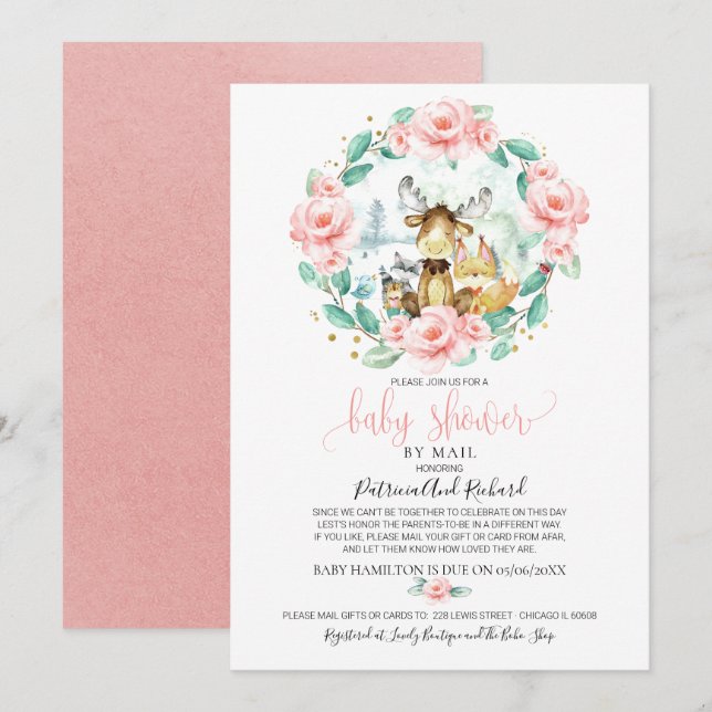 Söt skogsblomma grönska baby shower via post inbjudningar (Fram/baksida)