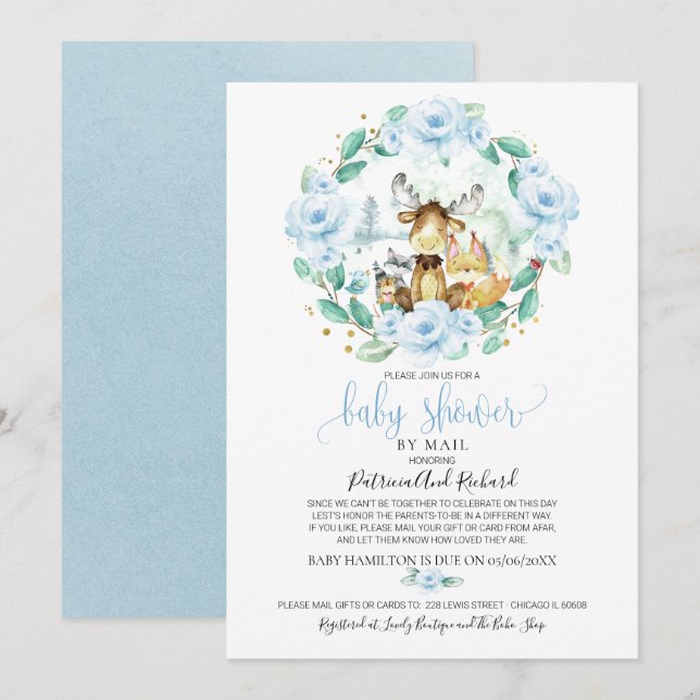 Söt skogsblomma grönska baby shower via post inbjudningar (Fram/baksida)