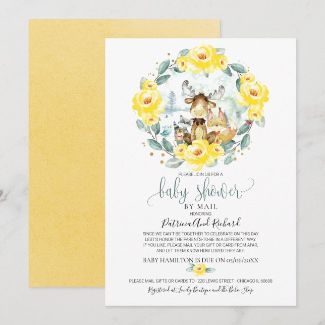 Söt skogsblomma grönska baby shower via post inbjudningar (Fram/baksida)