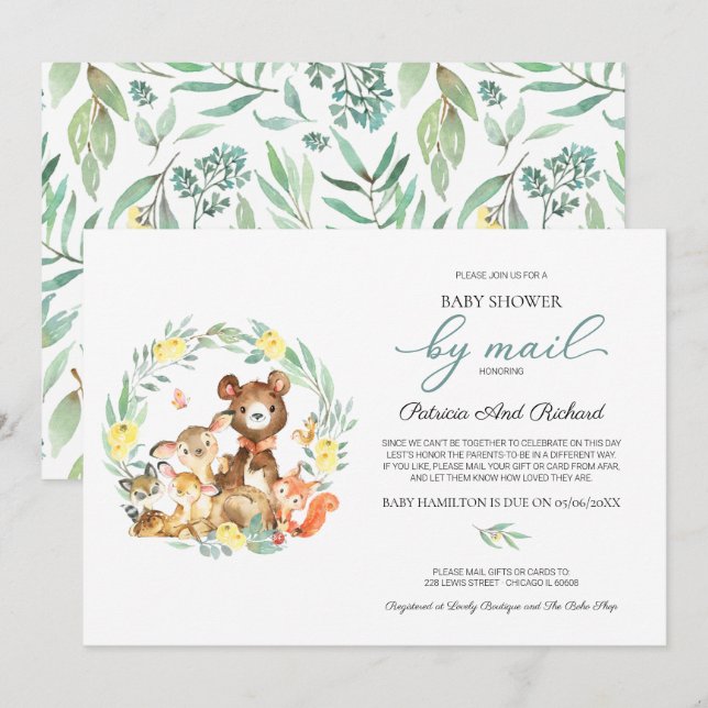 Söt Skogsdjur Grönska Baby Shower Per Post Inbjudningar (Fram/baksida)