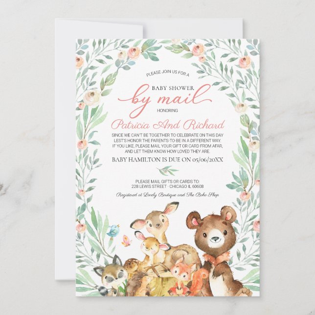 Söt Skogsdjur Grönska Baby Shower Per Post Inbjudningar (Framsida)