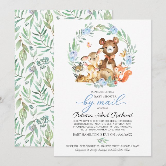 Söt Skogsdjur Grönska Baby Shower Per Post Inbjudningar (Fram/baksida)
