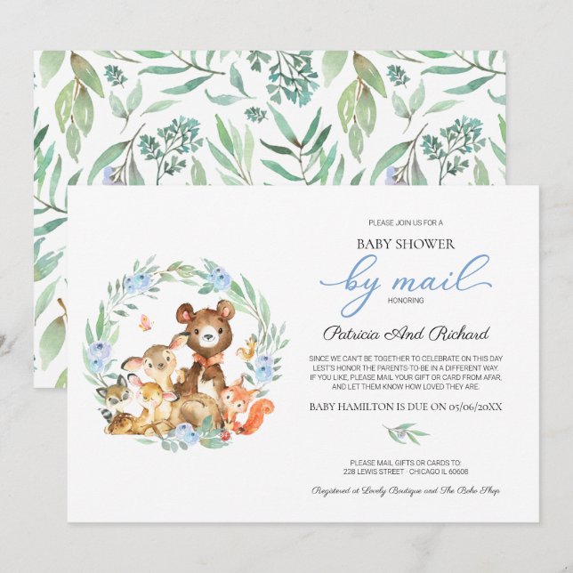 Söt Skogsdjur Grönska Baby Shower Per Post Inbjudningar (Fram/baksida)