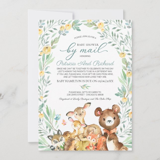 Söt Skogsdjur Grönska Baby Shower Per Post Inbjudningar (Framsida)