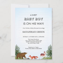 Söt skogsdjursdesign för babyboy shower inbjudningar