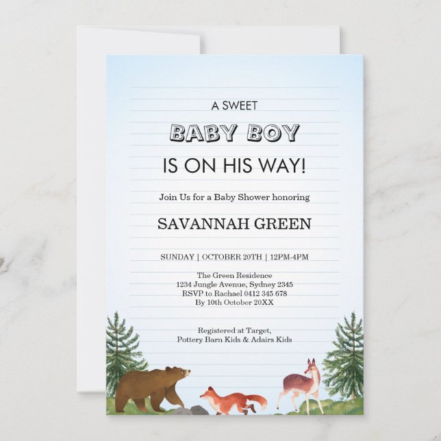Söt skogsdjursdesign för babyboy shower inbjudningar (Framsida)