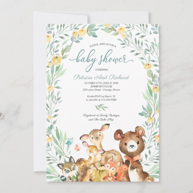 Söt Skogsdjursgrönska Baby Shower Inbjudan (Framsida)