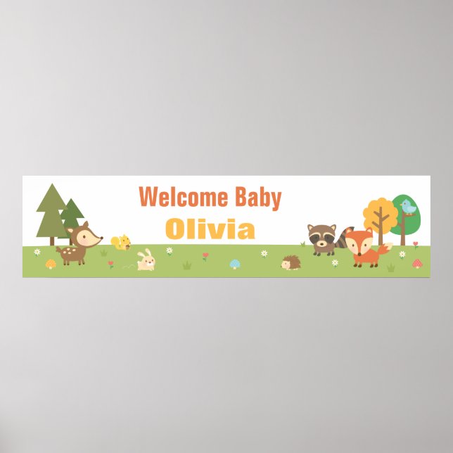 Söt Skogsdjurstema Baby Shower Banner Poster (Framsidan)