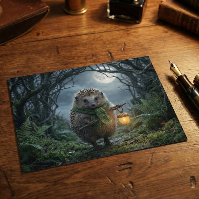 Söt skogsigelkottlykta | Tänker på dig Vykort (A postcard featuring a hedgehog holding a lantern on a moonlight walk. Woodlandcore forest pen pal)