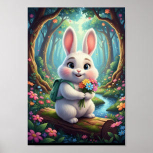Söt Skogskanin Kanin Med Ryggsäck Poster