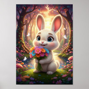 Söt skogskanin med blomsterbukett poster