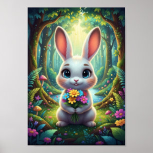 Söt skogslandskanin kanin vårblomsterbukett affisc poster