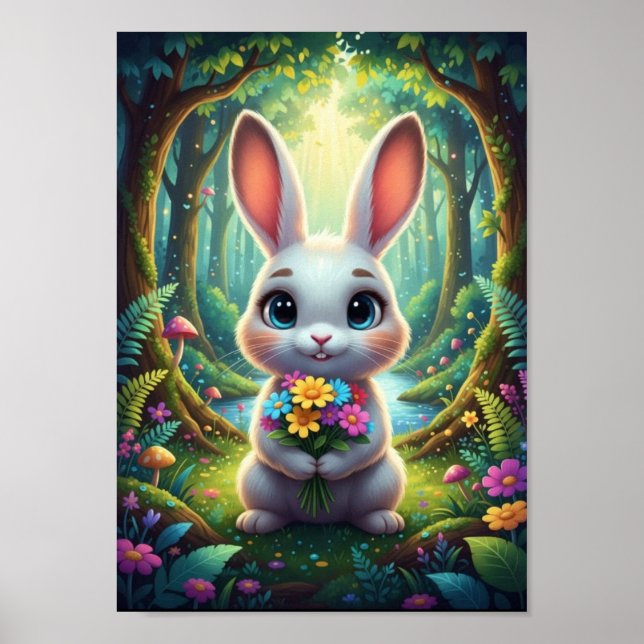 Söt skogslandskanin kanin vårblomsterbukett affisc poster (Framsidan)