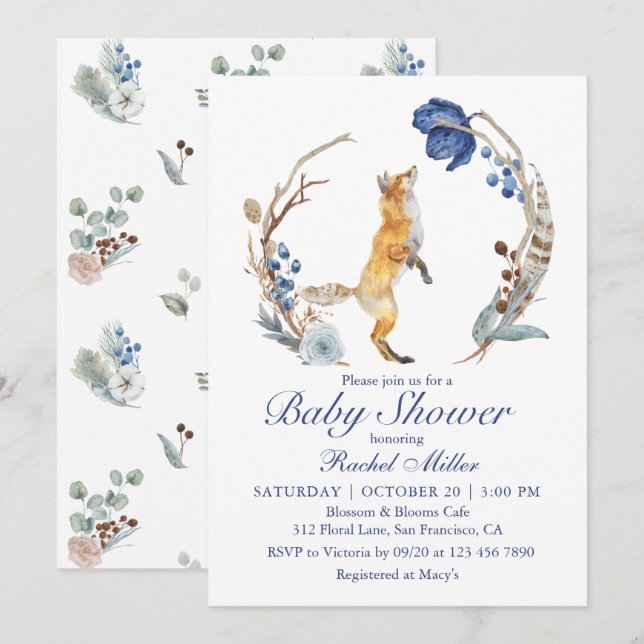 Söt Skogsräv Baby Shower Inbjudningar (Fram/baksida)