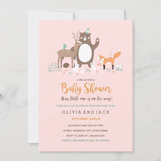 Söt skogsrosa och orange baby shower inbjudan (Framsida)