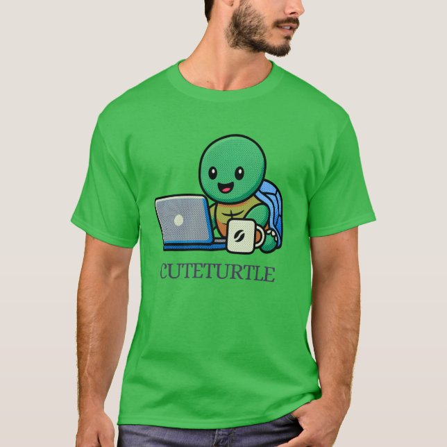 Söt Sköldpadda Bärbar Dator Tecknad T-Shirt (Framsida)