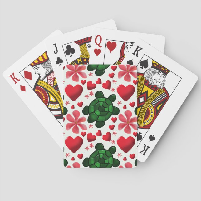 Söt Sköldpadda Blommig Mönster | Röda Blommor Hjär Casinokort (Baksidan)