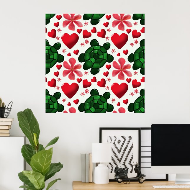 Söt Sköldpadda Blommig Mönster | Röda Blommor Hjär Poster (Hemmakontoret)