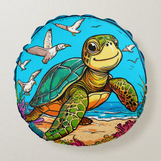 🐢 Söt Sköldpadda Måsar Hav Strand Rolig Design Rund Kudde