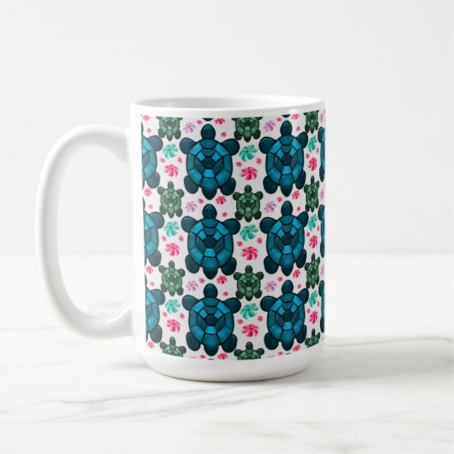 Söt Sköldpadda och Blommigt Sömlöst Mönster  Antec Kaffemugg (Vänster)