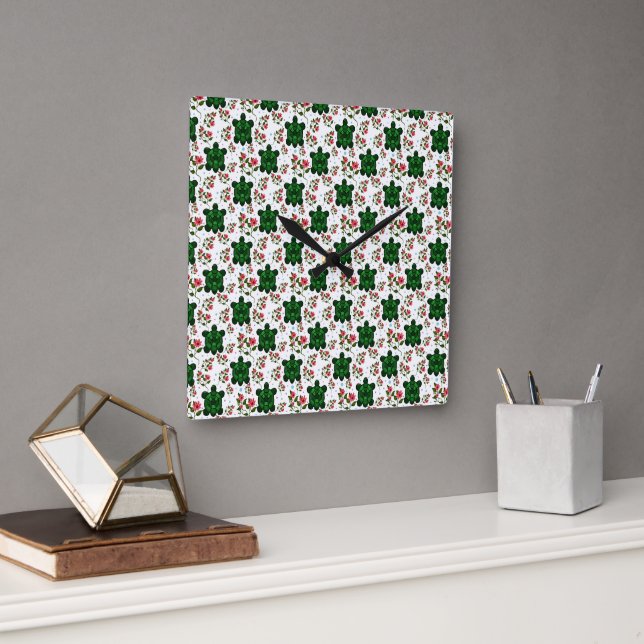 Söt Sköldpadda och Blommigt Sömlöst Mönster  Fyrkantig Klocka (Kontor)