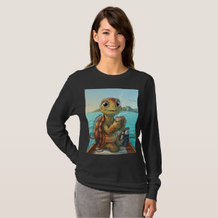 Söt Sköldpadda som Dricker Kaffe Långärmad T-Shirt