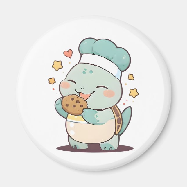 Söt Sköldpadds Chef Äter Kaka Kawaii Design Magnet (Framsidan)