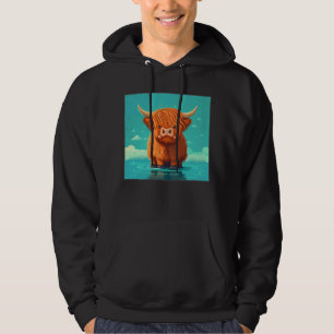 Söt skotsk höglandsillustration av ko med litet ho hoodie