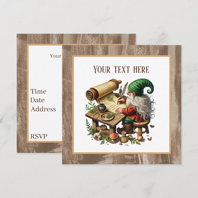 Söt skrivande gnomfest inbjudningar (Fram/baksida)