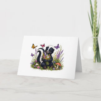 Söt skunk med blommor och fjärilar kort