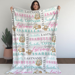 Söt Sloth Blanket med Namn med Rand Fleecefilt