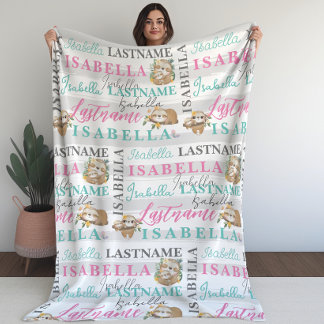 Söt Sloth Blanket med Namn med Rand Fleecefilt