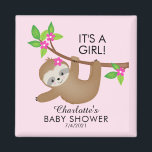 Söt Sloth Girls Baby Shower-favoritmagnet Magnet<br><div class="desc">Söt sluttmagnet för en flickdusch med en söt sluttning hängande från träd gren på rosa vattenfärgsbakgrund. Matchande artiklar i vår butik.</div>