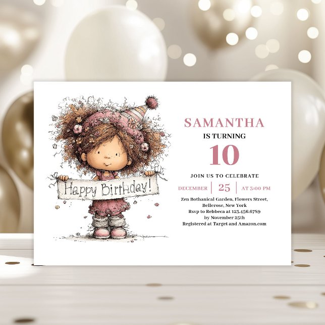 Söt Småbarnsflicka 10-års Födelsedagsinbjudan Rosa Inbjudningar (Cute Toddler Girl 10th Birthday Invite Pink)