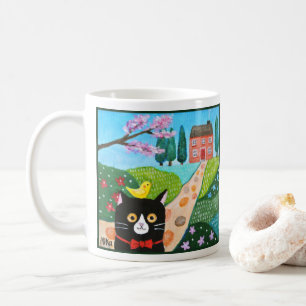 Söt Smokingkatt och Gul Fågel i Lantlig Konst Kaffemugg
