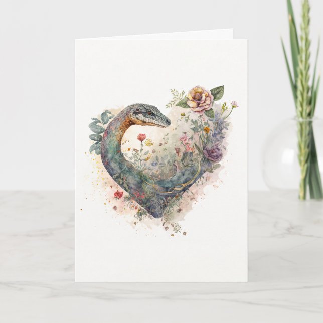 Söt Snake med Lila blommor Valentindagen Helgkort (Framsida)