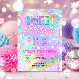 Söt, Snällig Och Sex Neonregnbåge 6-årsdag Inbjudningar