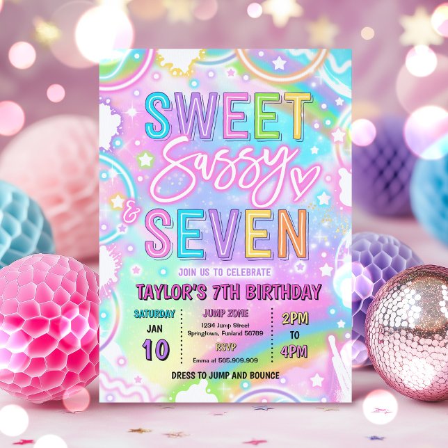 Söt, Snällig Och Sju Neonregnbåge 7-årsdag Inbjudningar (Skapare uppladdad)